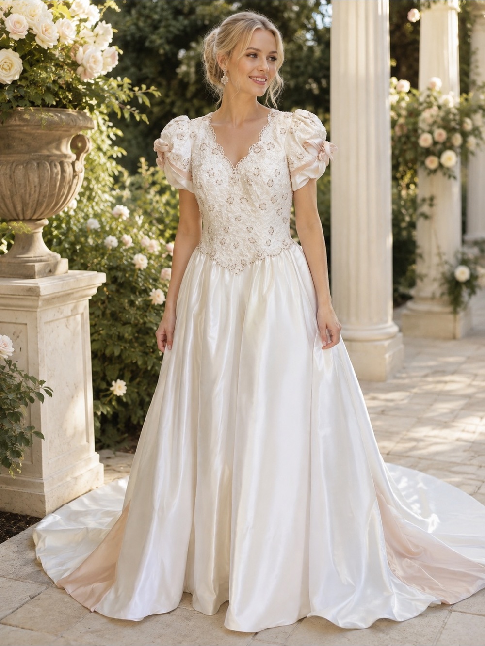 Vintage Mon Cheri Bridal Wedding Gown Beaded with Lace Puff Sleeve E3